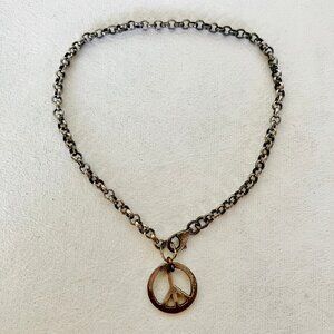 Peace Symbol Charm Bracelet Antique Silver Tone Metal Link Chain Vintage 7.5"